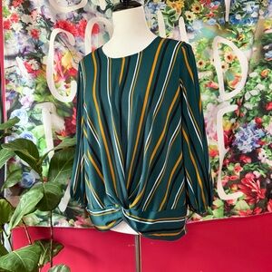Adrianna Papell Emerald and Mustard Striped Blouse - EUC